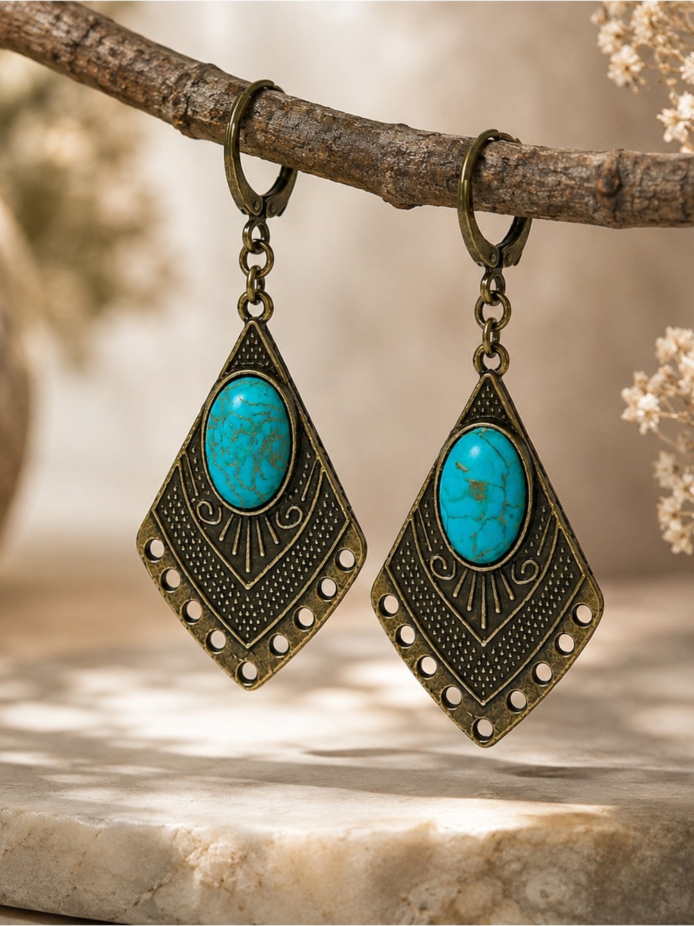 Turquoise Boho Earrings | Antique Bronze Leverbacks
